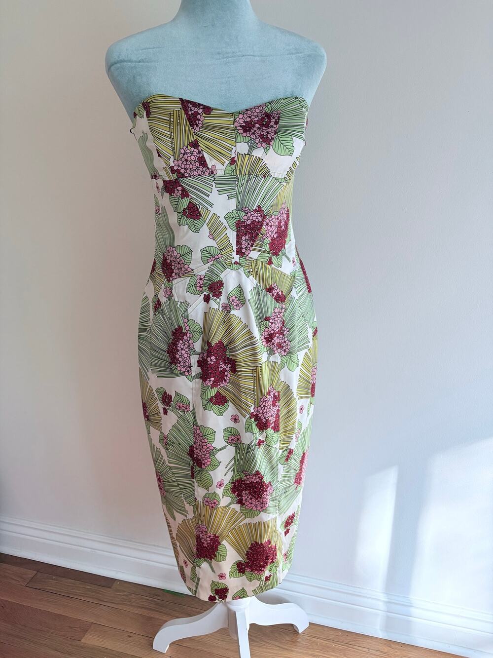 David Meister Silk Floral Midcentury Wiggle Dress Strapless Tropical Cocktail